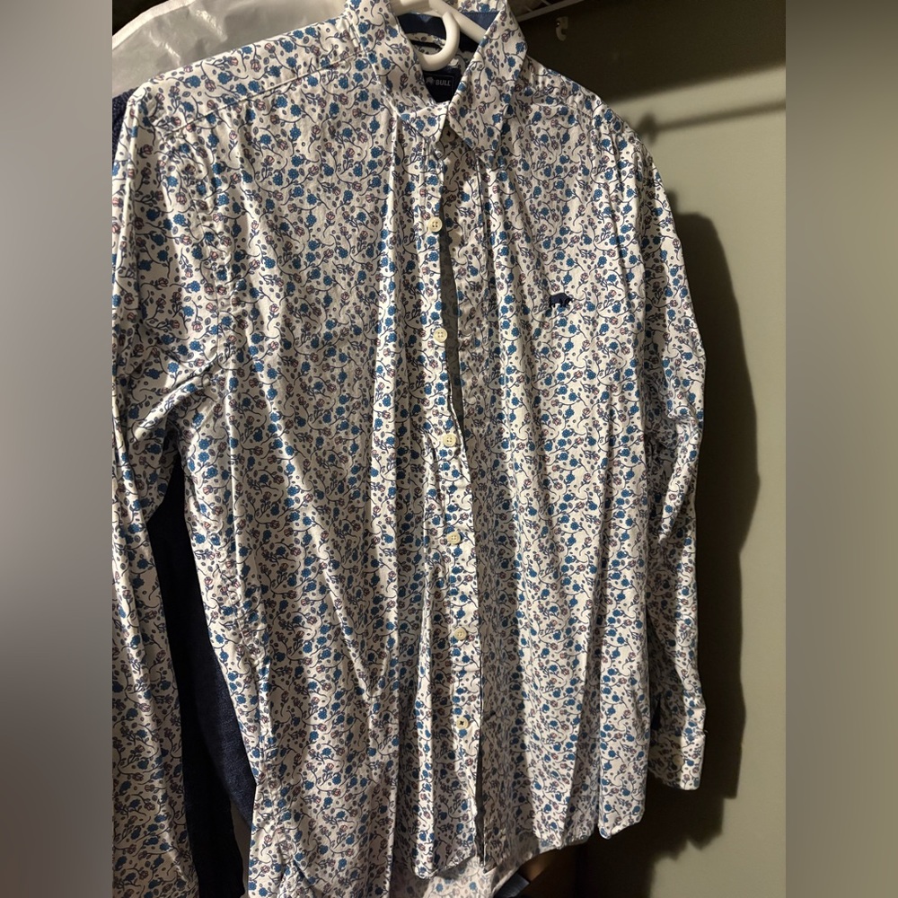RAGING BULL Men's Blue Floral Button-Down Dress Shirt, Fits Men’s M